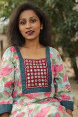 Turquoise Blossom- Sanganeri Mirrorwork Kurta