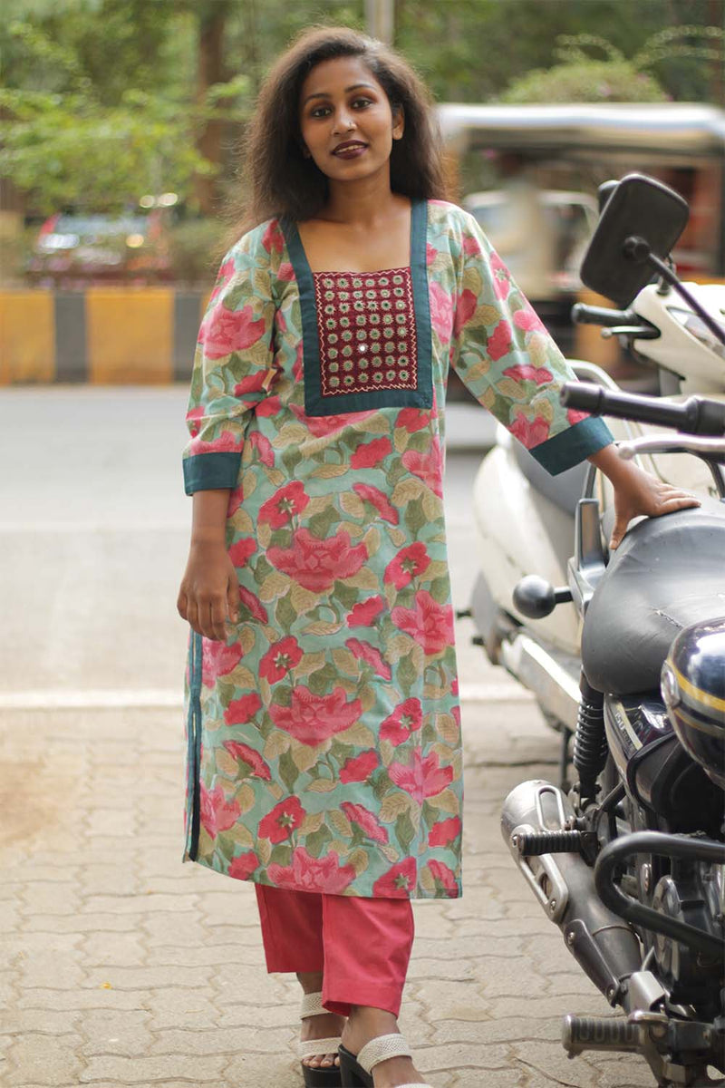 Turquoise Blossom- Sanganeri Mirrorwork Kurta