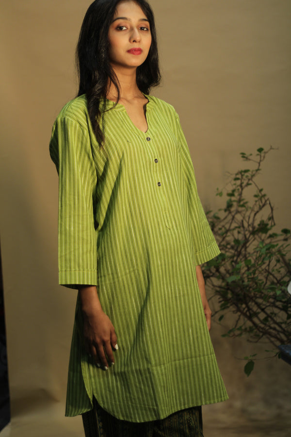 Short Kurta | Lime Green Stripe