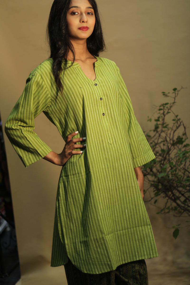 Short Kurta | Lime Green Stripe