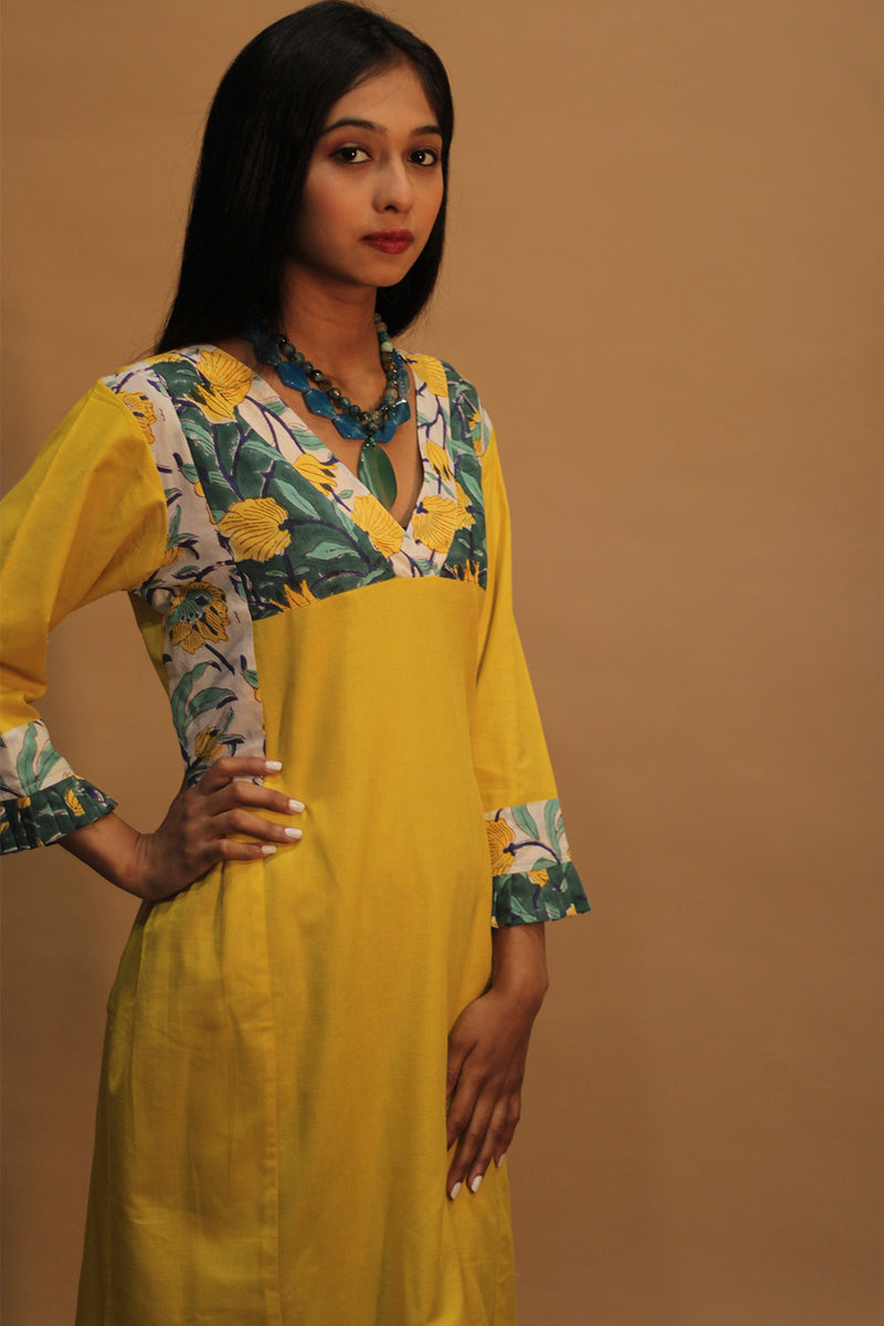 Mehek | Long Kurta | Yellow & Green Sanganeri