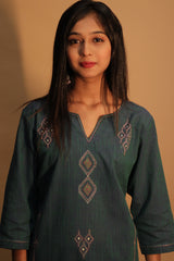 Riya | Embroidered Cotton Kurta  | Peacock Green