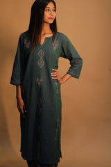 Riya | Embroidered Cotton Kurta  | Peacock Green