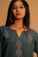 Riya | Embroidered Cotton Kurta  | Peacock Green