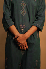 Riya | Embroidered Cotton Kurta  | Peacock Green