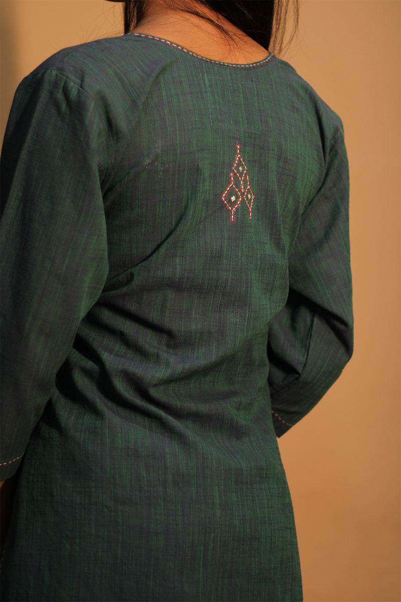 Riya | Embroidered Cotton Kurta  | Peacock Green