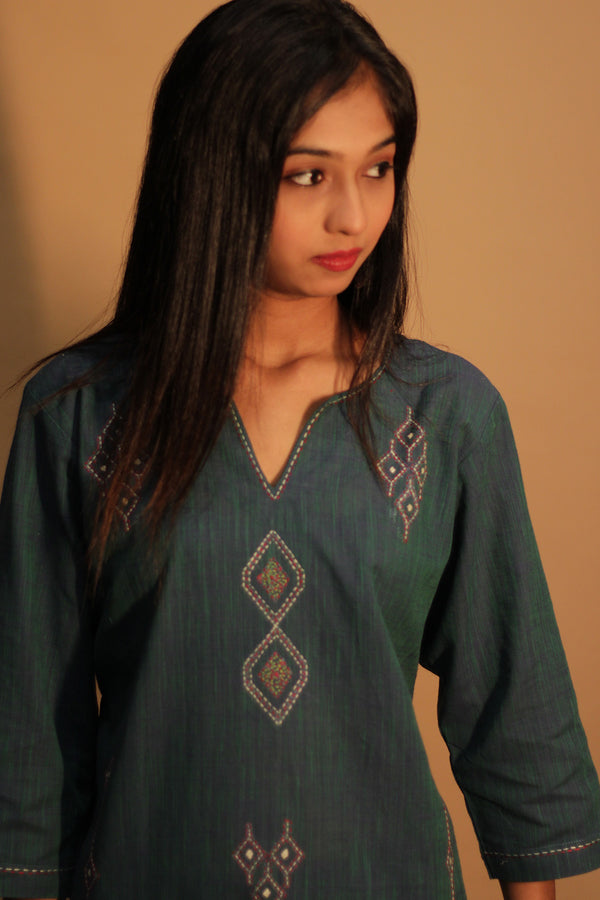 Riya | Embroidered Cotton Kurta  | Peacock Green