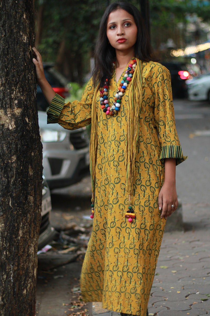 Arya | Long Kurta | Mustard Kali Ajrakh