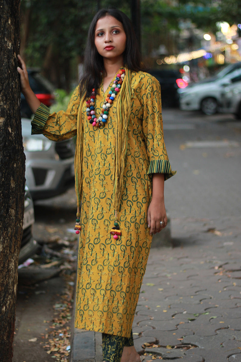 Arya | Long Kurta | Mustard Kali Ajrakh