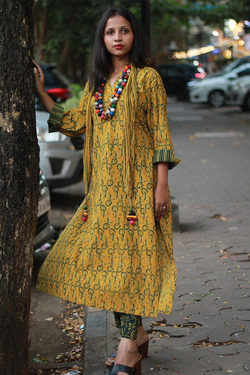 Arya | Long Kurta | Mustard Kali Ajrakh