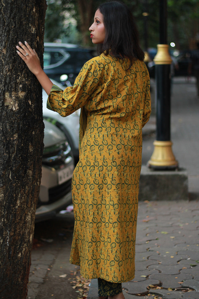 Arya | Long Kurta | Mustard Kali Ajrakh