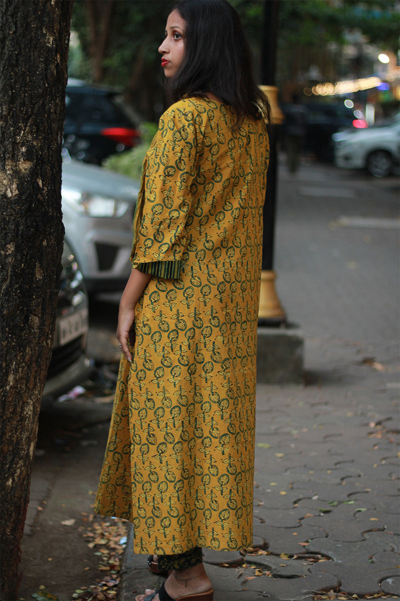 Arya | Long Kurta | Mustard Kali Ajrakh