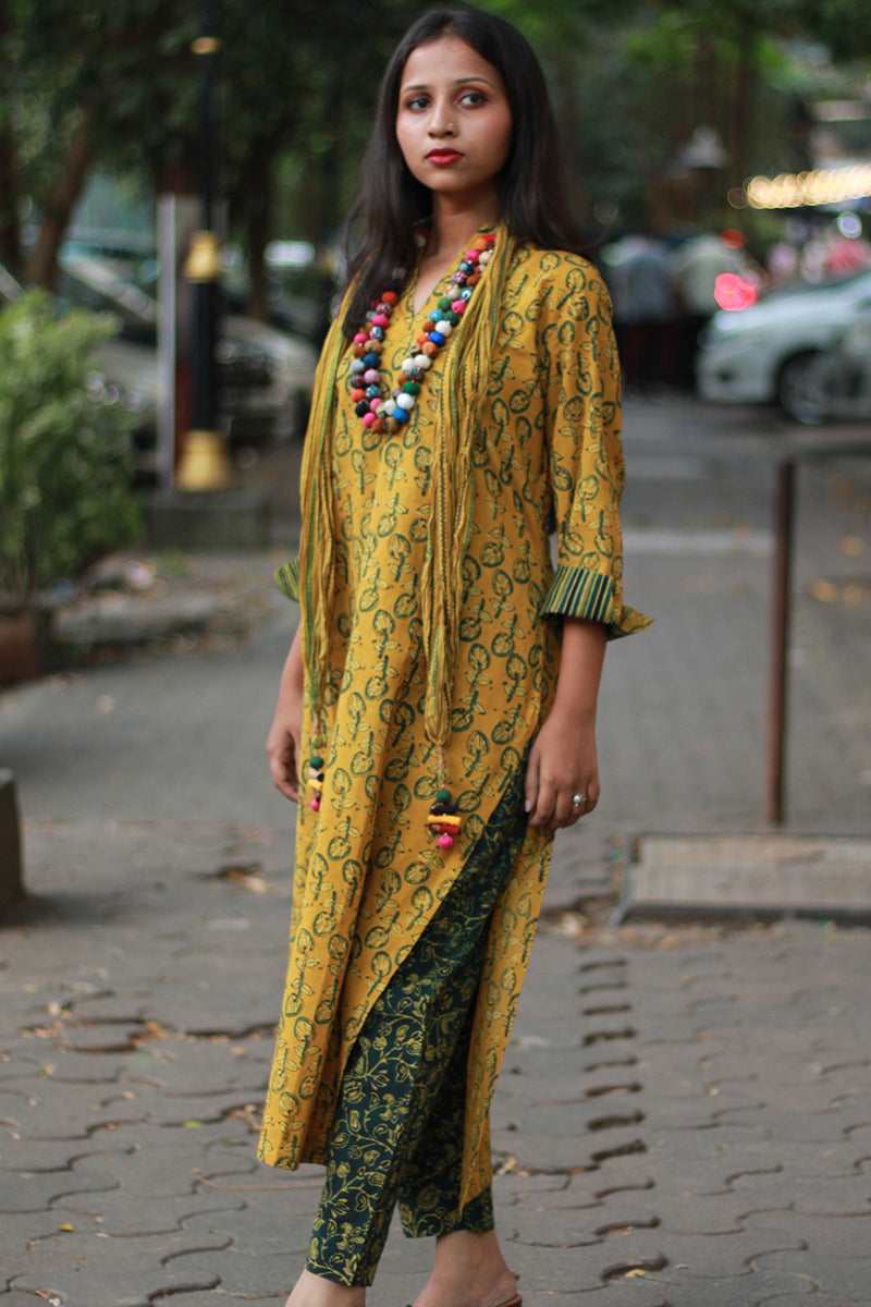 Arya | Long Kurta | Mustard Kali Ajrakh