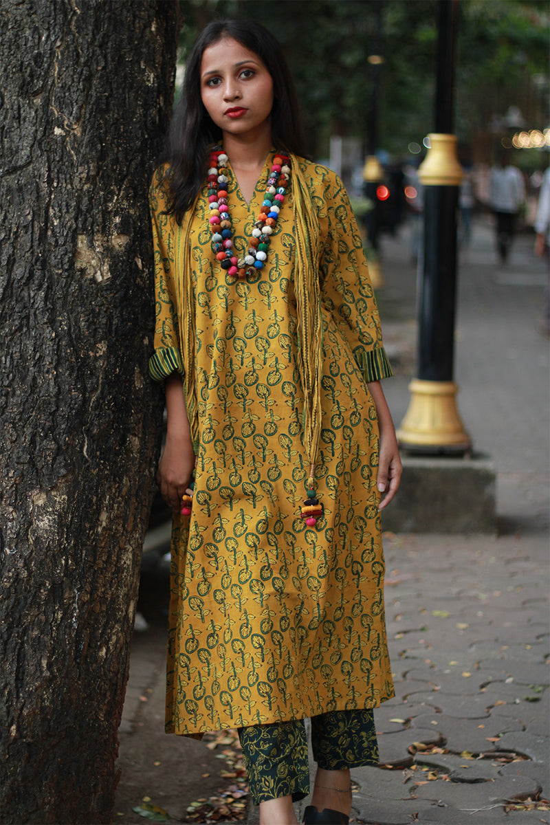 Arya | Long Kurta | Mustard Kali Ajrakh