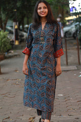 Arya | Long Kurta | Indigo Blue Leaves Ajrakh