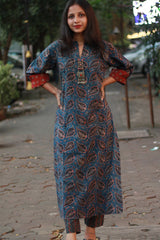 Arya | Long Kurta | Indigo Blue Leaves Ajrakh