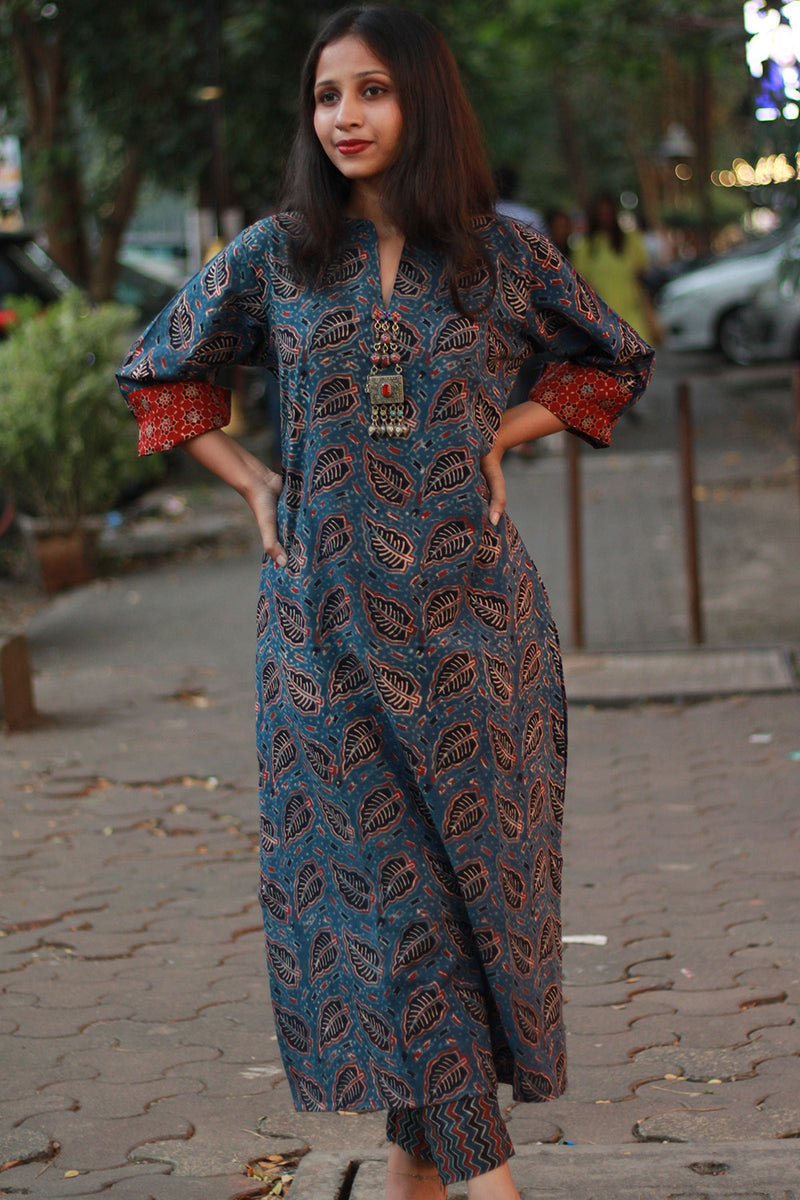 Arya | Long Kurta | Indigo Blue Leaves Ajrakh