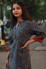 Arya | Long Kurta | Indigo Blue Leaves Ajrakh