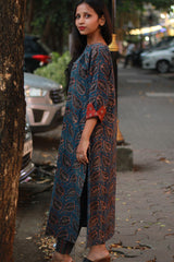 Arya | Long Kurta | Indigo Blue Leaves Ajrakh