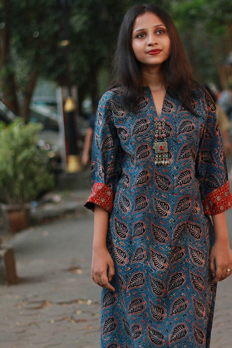 Arya | Long Kurta | Indigo Blue Leaves Ajrakh