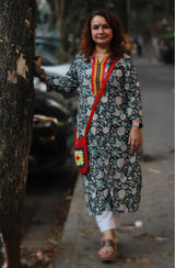 Arya | Long Kurta | Noir Floral Sanganeri with Mashroo Yoke