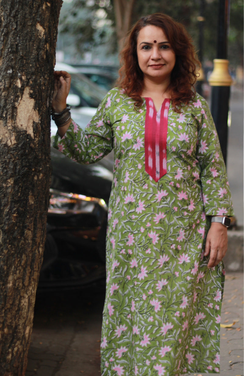 Arya | Long Kurta | Green Floral Sanganeri with Ikkat