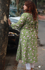 Arya | Long Kurta | Green Floral Sanganeri with Ikkat