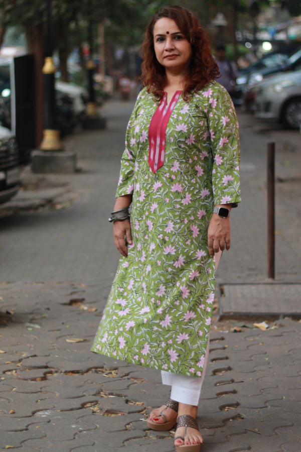 Arya | Long Kurta | Green Floral Sanganeri with Ikkat