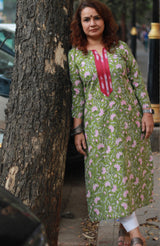 Arya | Long Kurta | Green Floral Sanganeri with Ikkat