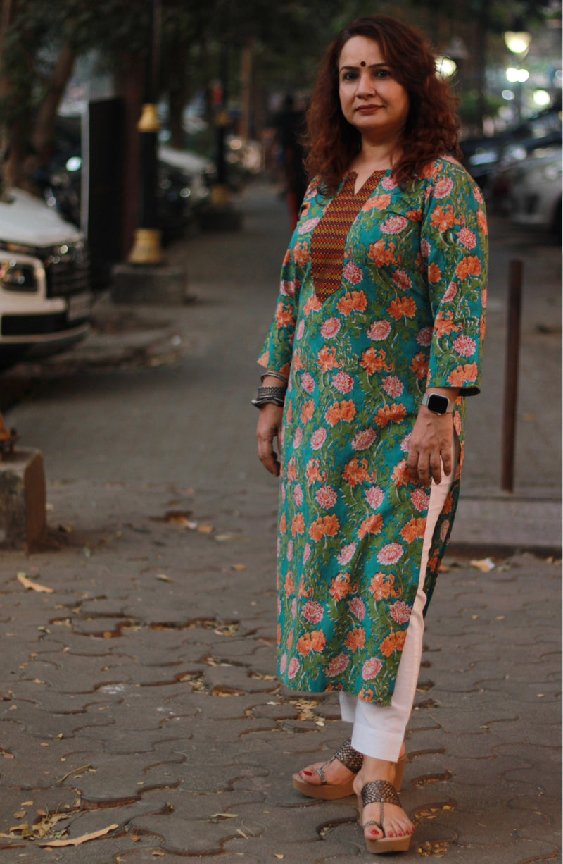 Arya | Long Kurta | Teal Floral Sanganeri with Brown Khunn