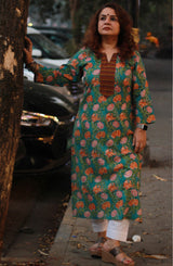 Arya | Long Kurta | Teal Floral Sanganeri with Brown Khunn