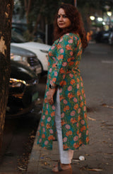 Arya | Long Kurta | Teal Floral Sanganeri with Brown Khunn