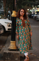 Arya | Long Kurta | Teal Floral Sanganeri with Brown Khunn