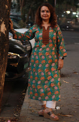 Arya | Long Kurta | Teal Floral Sanganeri with Brown Khunn