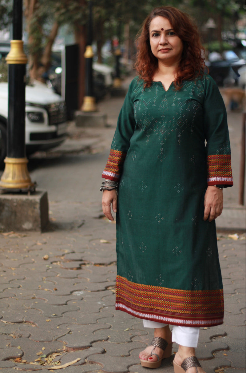 Daana | Tangaliya Kurta | Deep Green with Multicolour Khunn