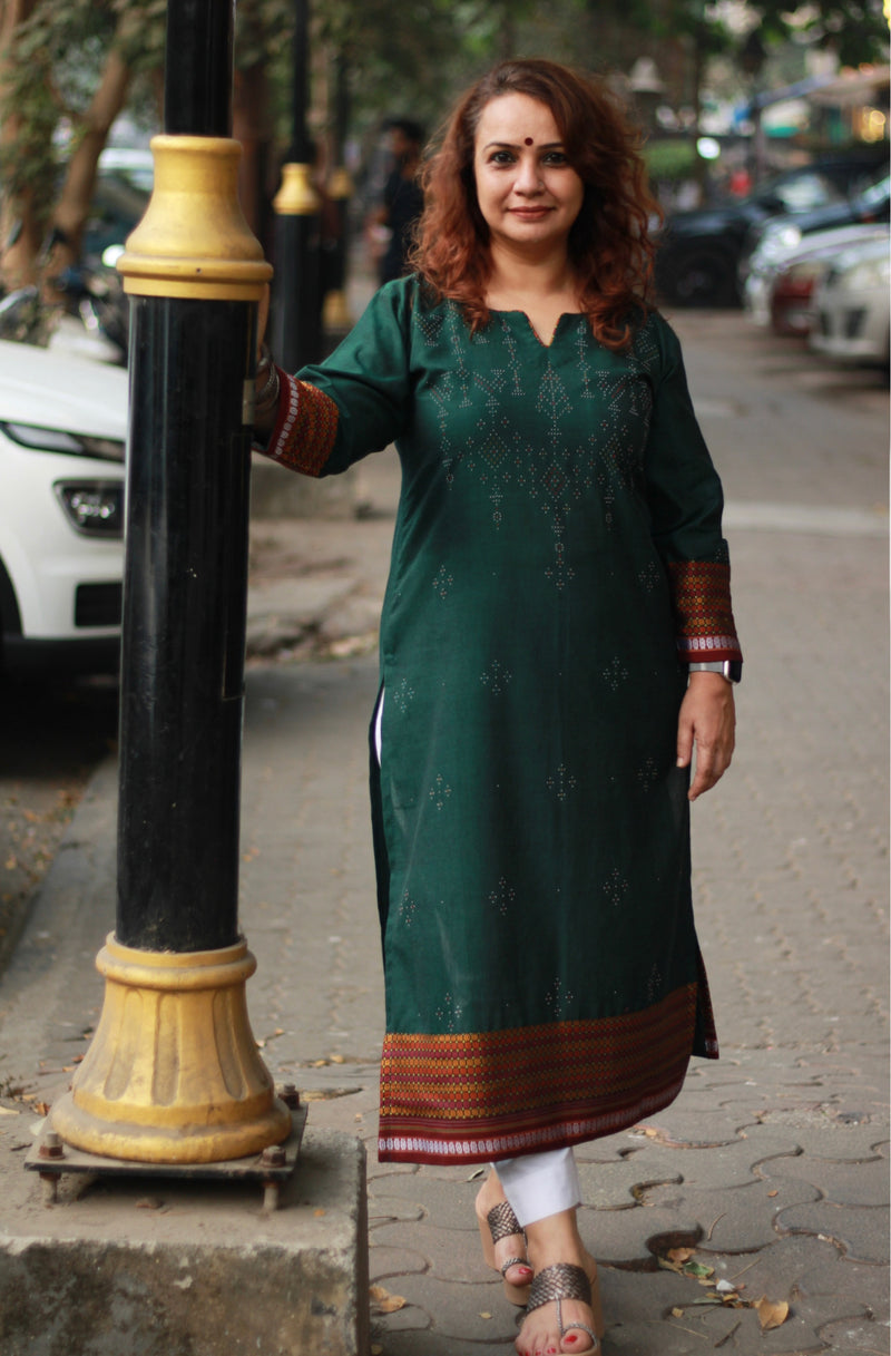 Daana | Tangaliya Kurta | Deep Green with Multicolour Khunn