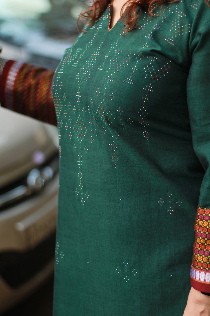 Daana | Tangaliya Kurta | Deep Green with Multicolour Khunn