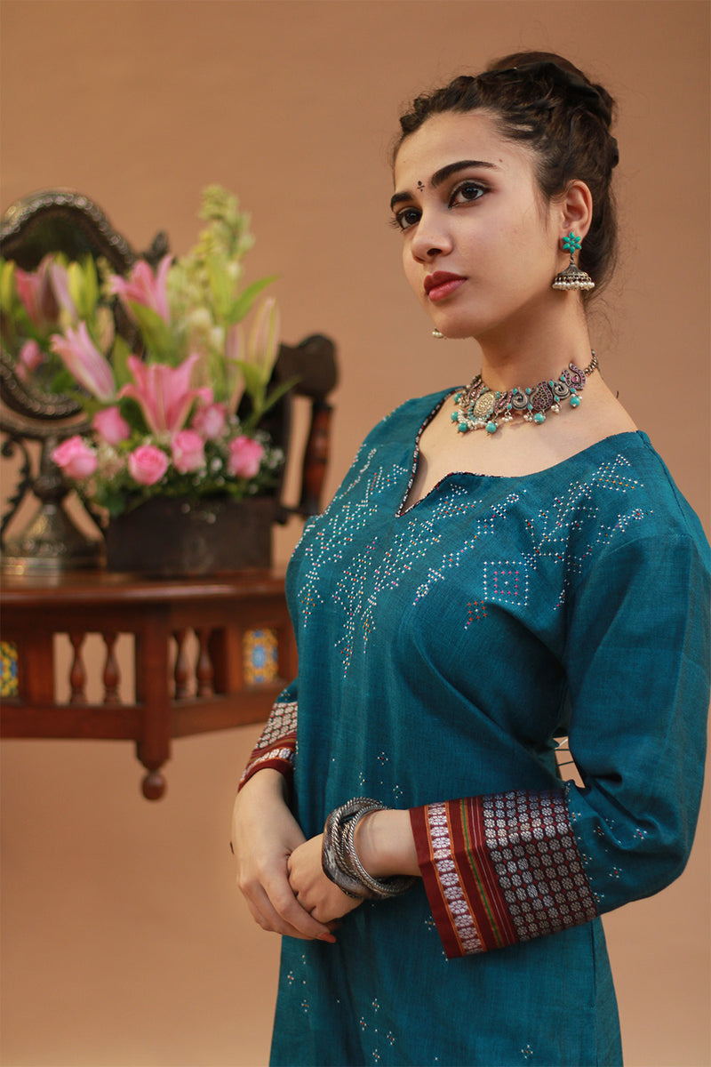 Daana | Tangaliya Kurta | Peacock Blue with Mutlicolour Khunn