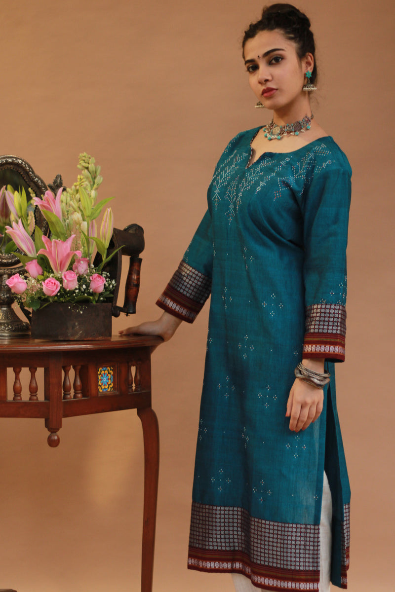 Daana | Tangaliya Kurta | Peacock Blue with Mutlicolour Khunn