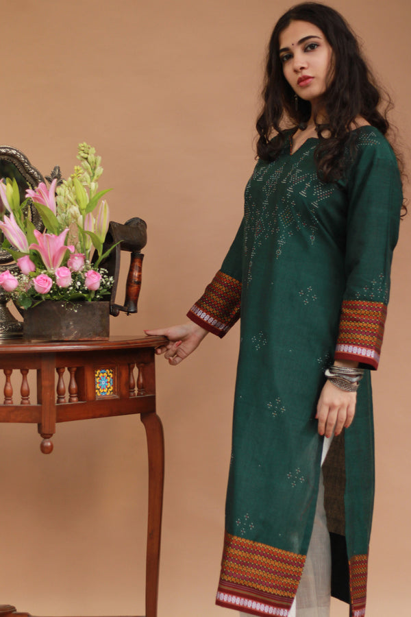 Daana | Tangaliya Kurta | Forest Green with Multicolour Khunn