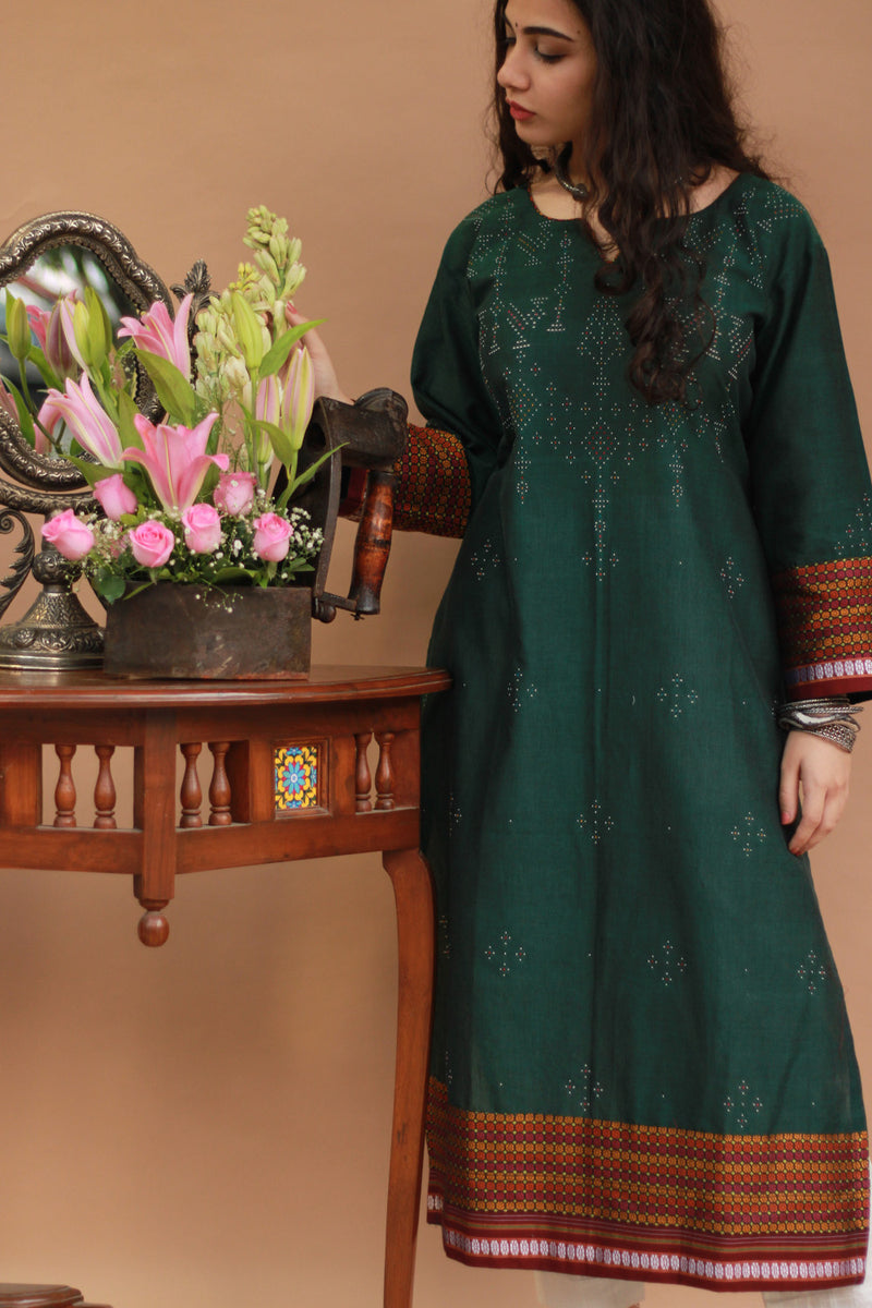 Daana | Tangaliya Kurta | Forest Green with Multicolour Khunn