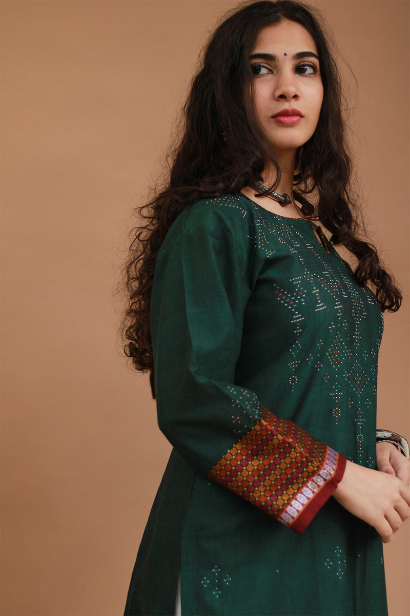 Daana | Tangaliya Kurta | Forest Green with Multicolour Khunn