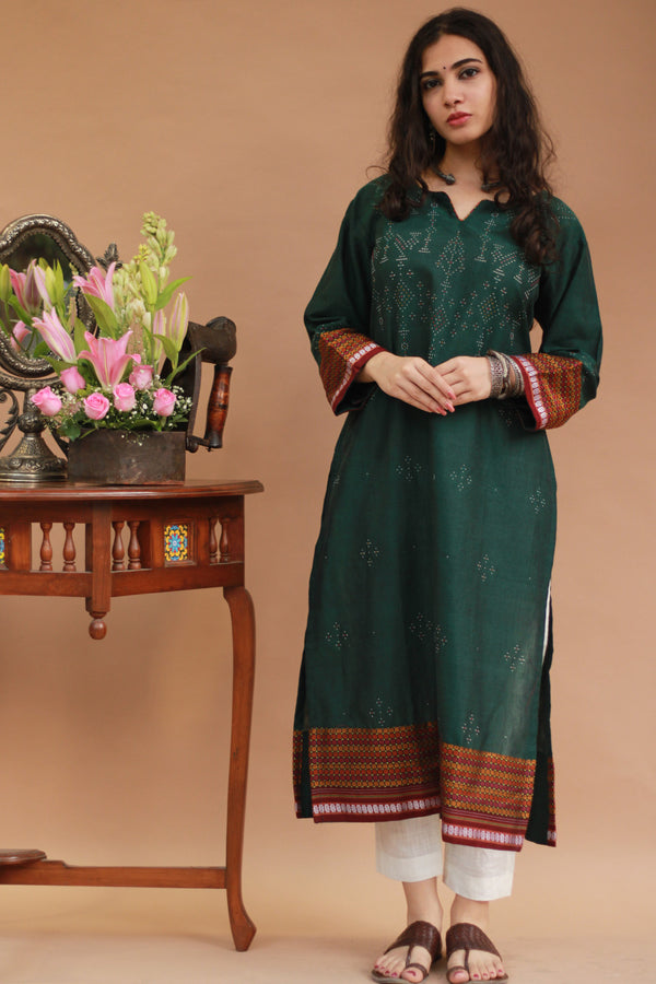 Daana | Tangaliya Kurta | Forest Green with Multicolour Khunn