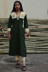 Mehek | Long Kurta | Green With Yellow Sanganeri