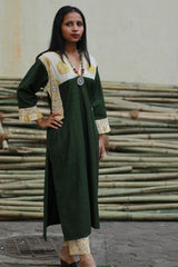 Mehek | Long Kurta | Green With Yellow Sanganeri