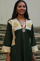 Mehek | Long Kurta | Green With Yellow Sanganeri