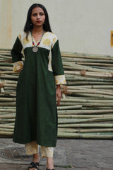 Mehek | Long Kurta | Green With Yellow Sanganeri