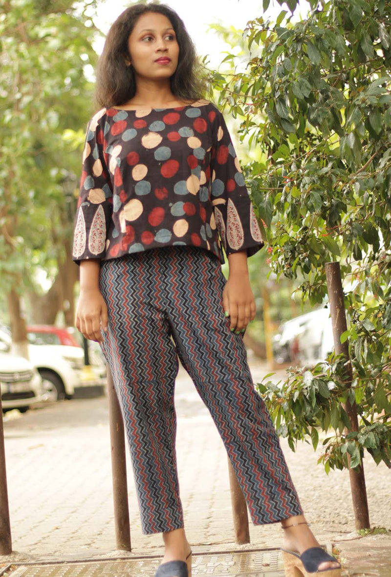 Pranava | Slim Pants | Navy Ajrakh Chevron