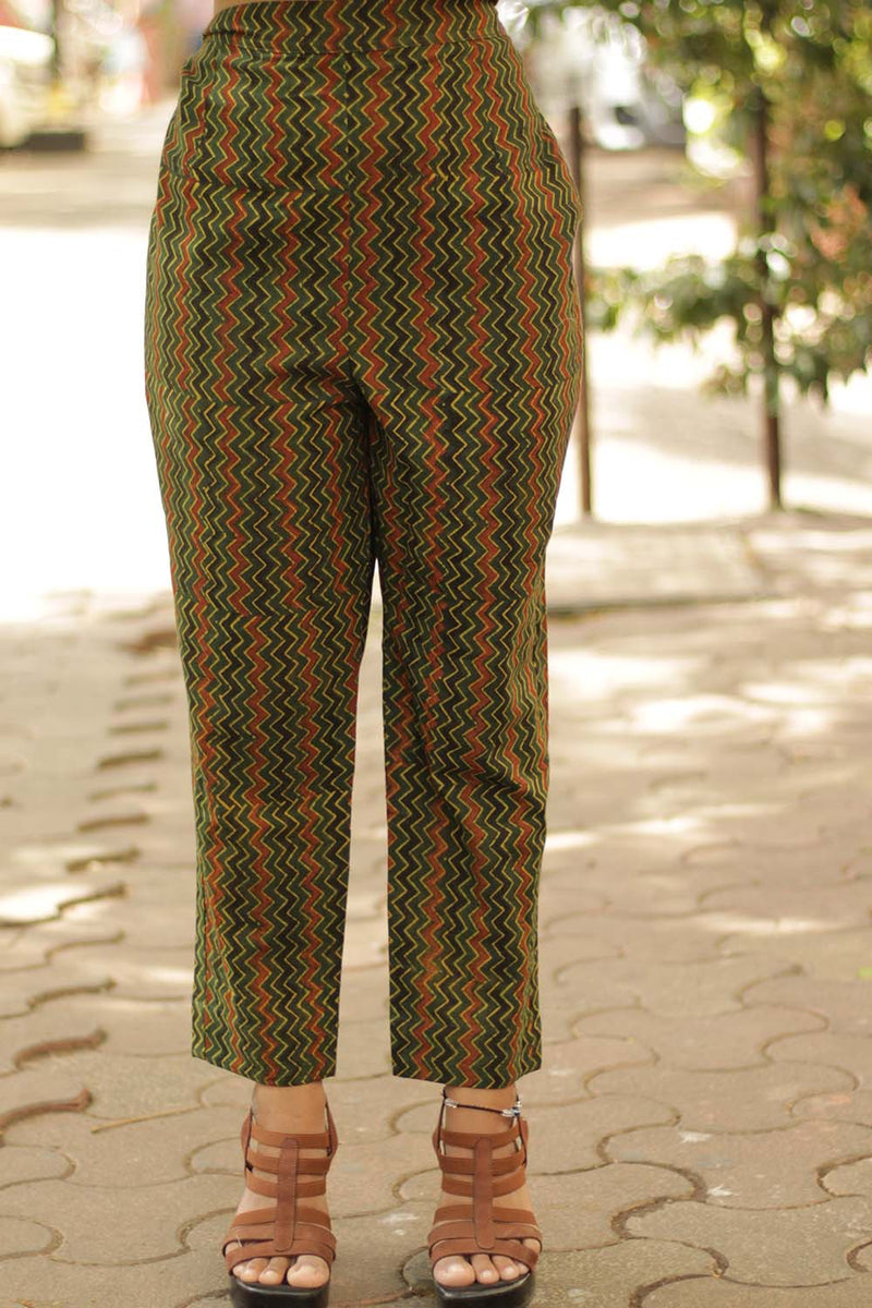 Pranava | Slim Pants | Green Chevron Ajrakh