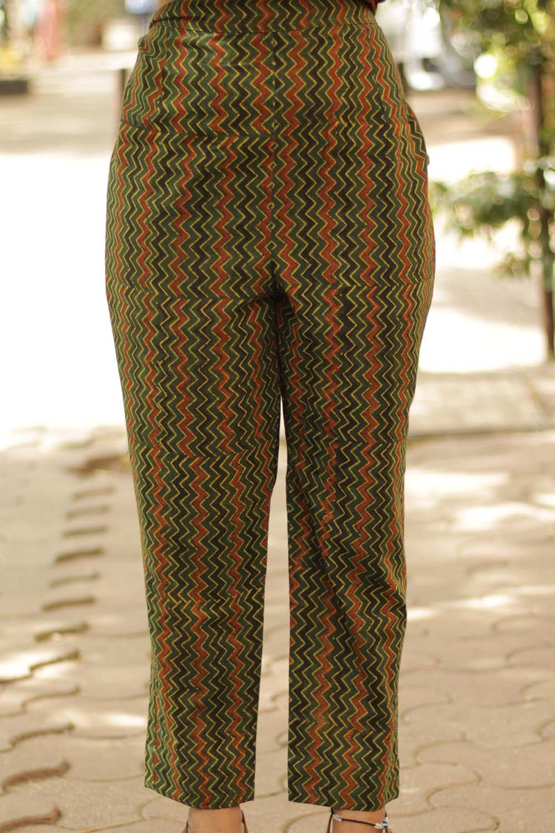 Pranava | Slim Pants | Green Chevron Ajrakh